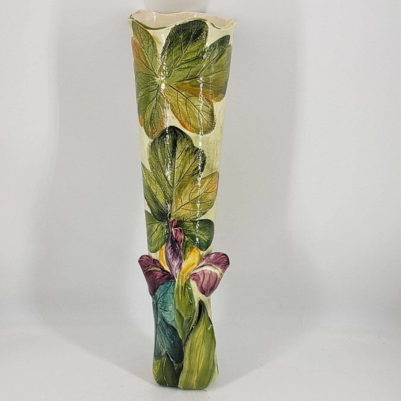 Studio art pottery signed large ceramic wallpocket w/applied flower iris 15"